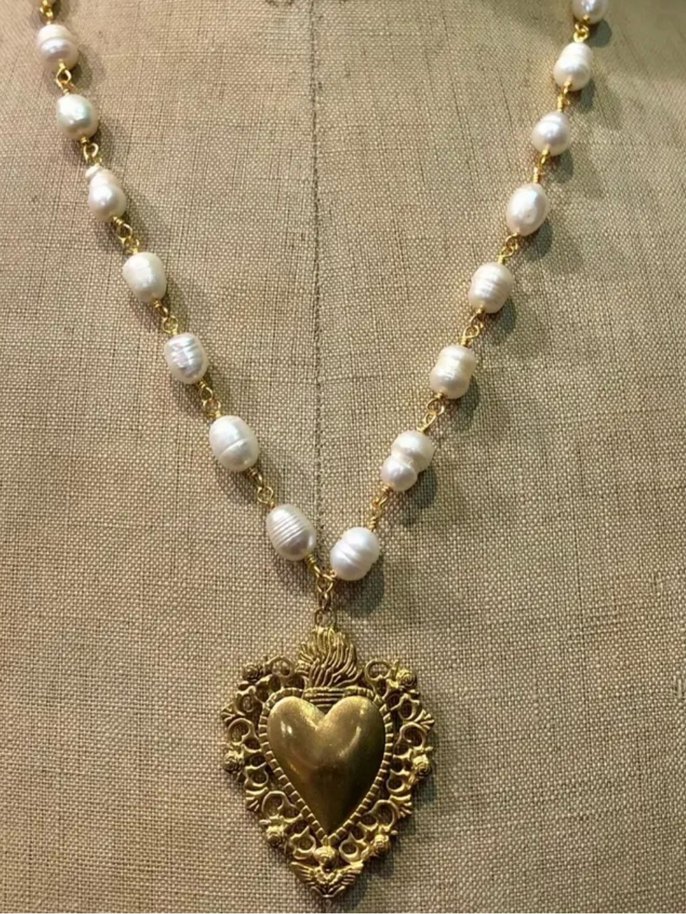 Gold Heart Pendant and Freshwater Pearl Necklace - Women's Elegant Necklace